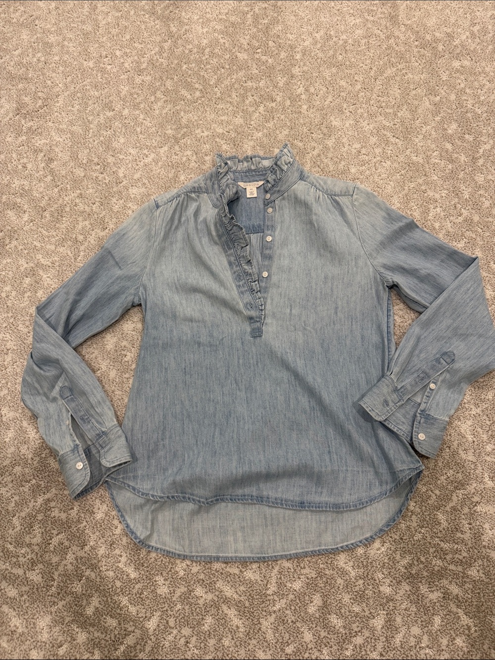 Light Blue Ruffle Henley Shirt - Womens Denim-Style Long Sleeve: CASLON